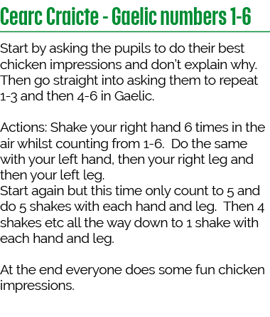 Cearc Craicte - Gaelic numbers 1-6 Start by asking the pupils to do their best chicken impressions and don t explain    