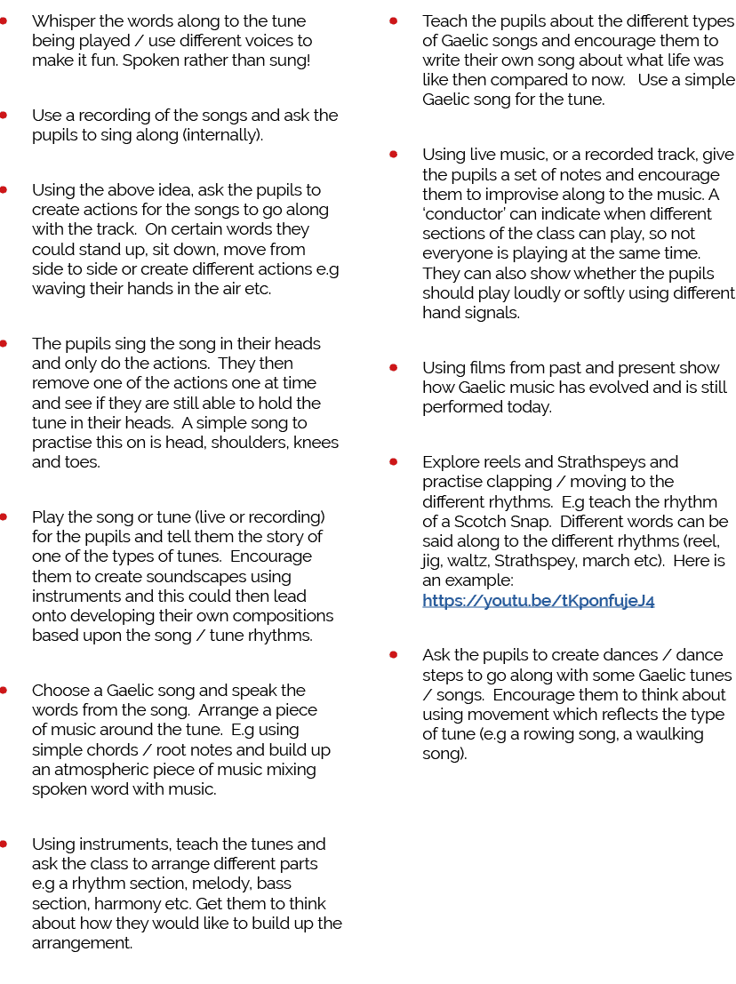 Whisper the words along to the tune being played   use different voices to make it fun  Spoken rather than sung  Use    