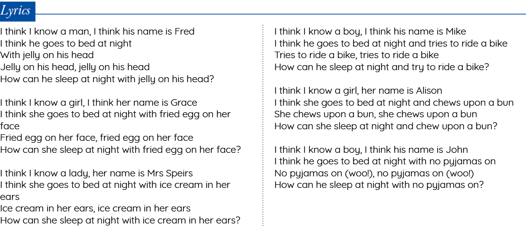 Lyrics I think I know a man, I think his name is Fred I think he goes to bed at night With jelly on his head Jelly on   