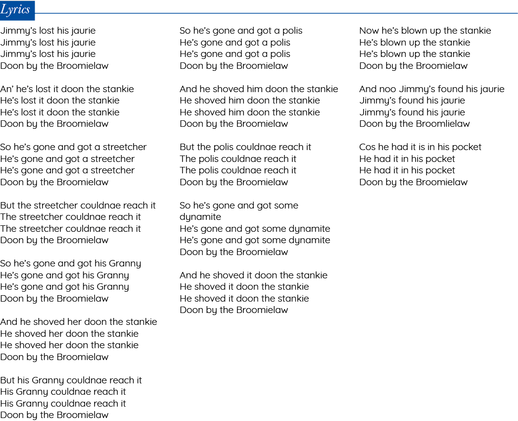 Lyrics Jimmy s lost his jaurie Jimmy s lost his jaurie Jimmy s lost his jaurie Doon by the Broomielaw An  he s lost i   