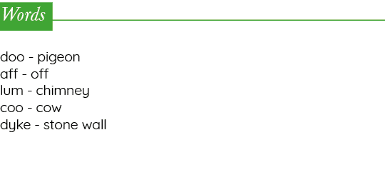 Words doo - pigeon aff - off lum - chimney coo - cow dyke - stone wall